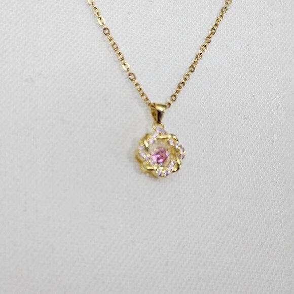 Simulated Pink Diamond Gold Tone New 14K Over Sterling Silver Pendant Necklace - Picture 3 of 8